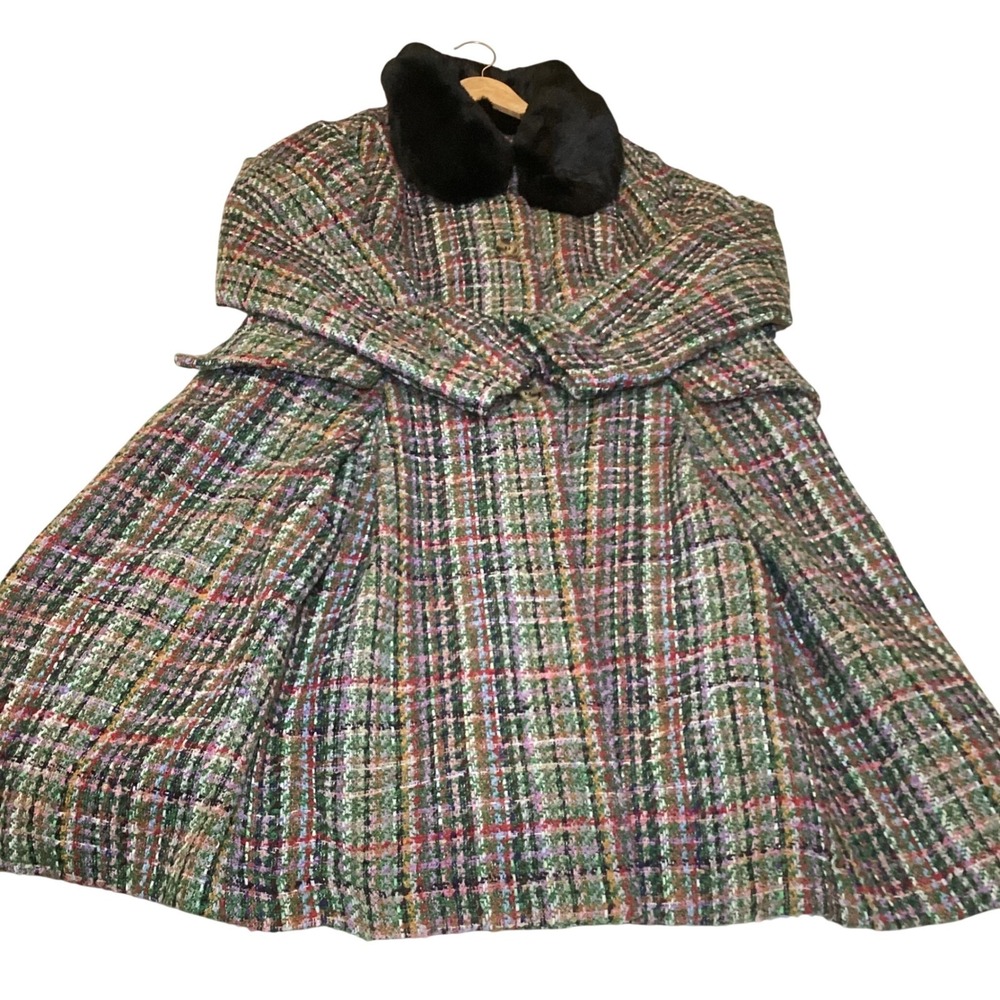 ModCloth Womens 1X Tweed Coat Multi-Color Faux Fur Collar Longline Button Front